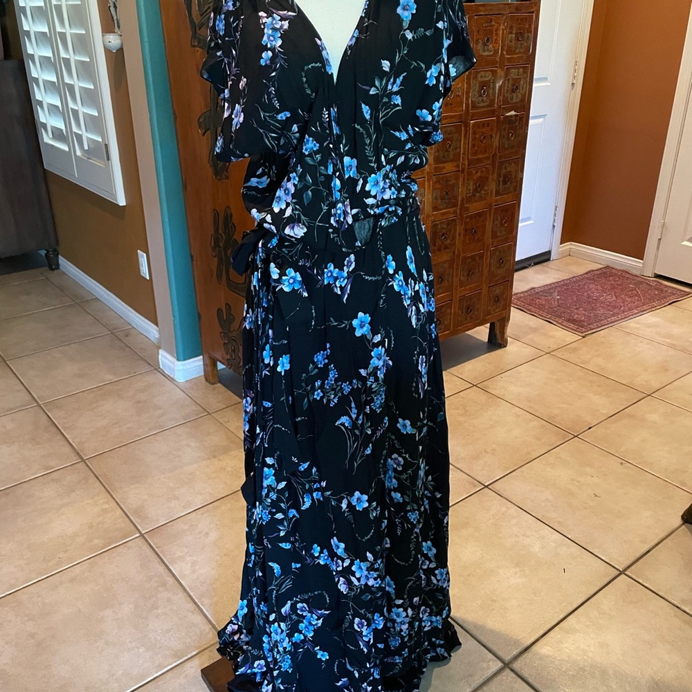 Meghan LA  floral peek a boo front Maxi Dress with Blue Floral Design